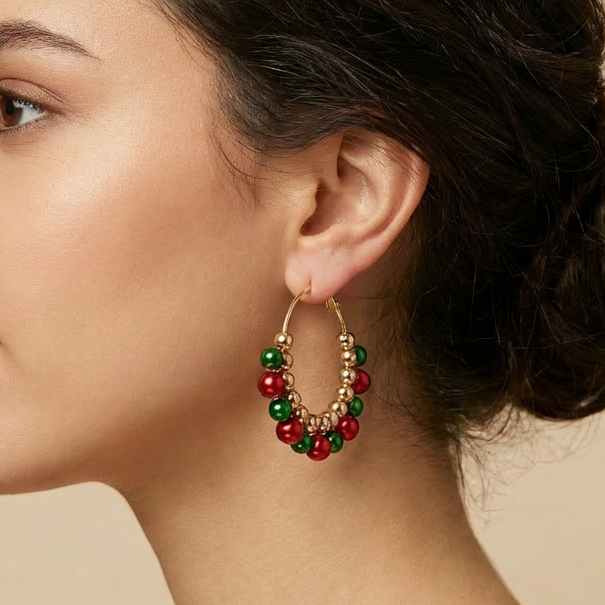 Festive Jingle Bell Hoop Earrings – Red, Green & Gold Christmas Holiday Earrings