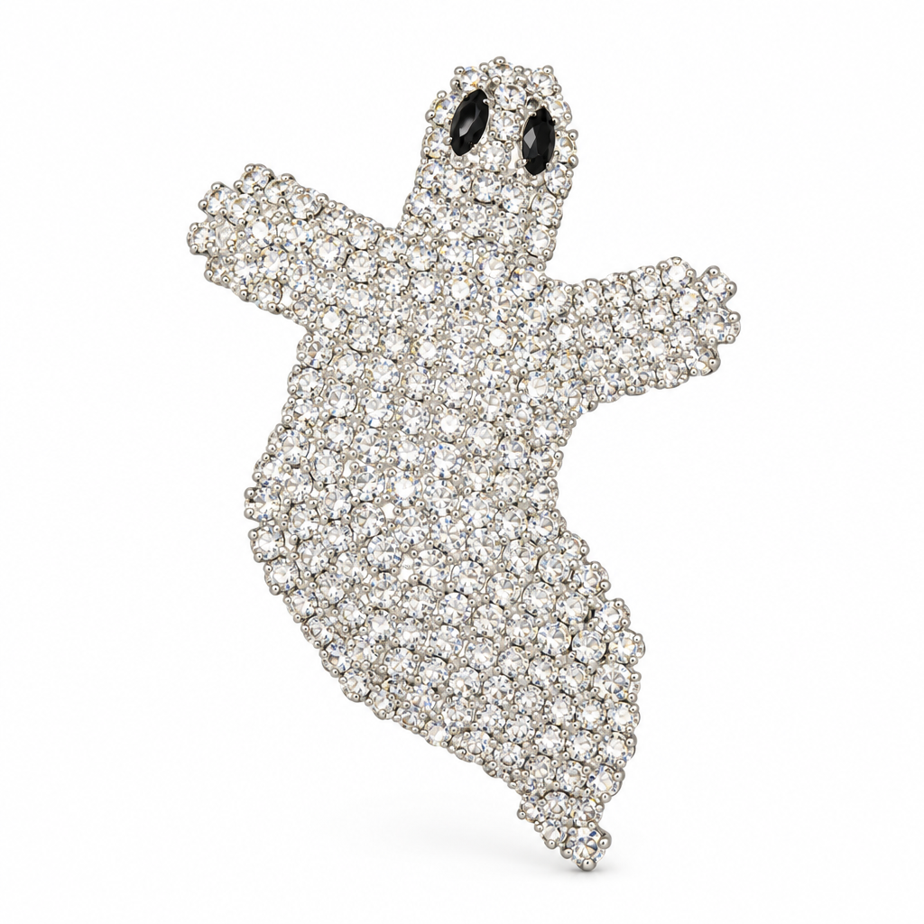 Flying ghost rhinestone brooch on white background