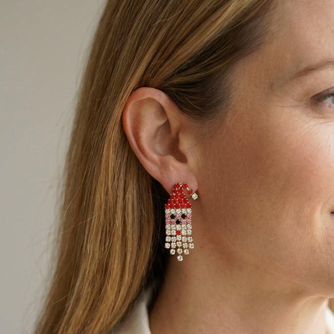 Model wearing earrings, close-up view