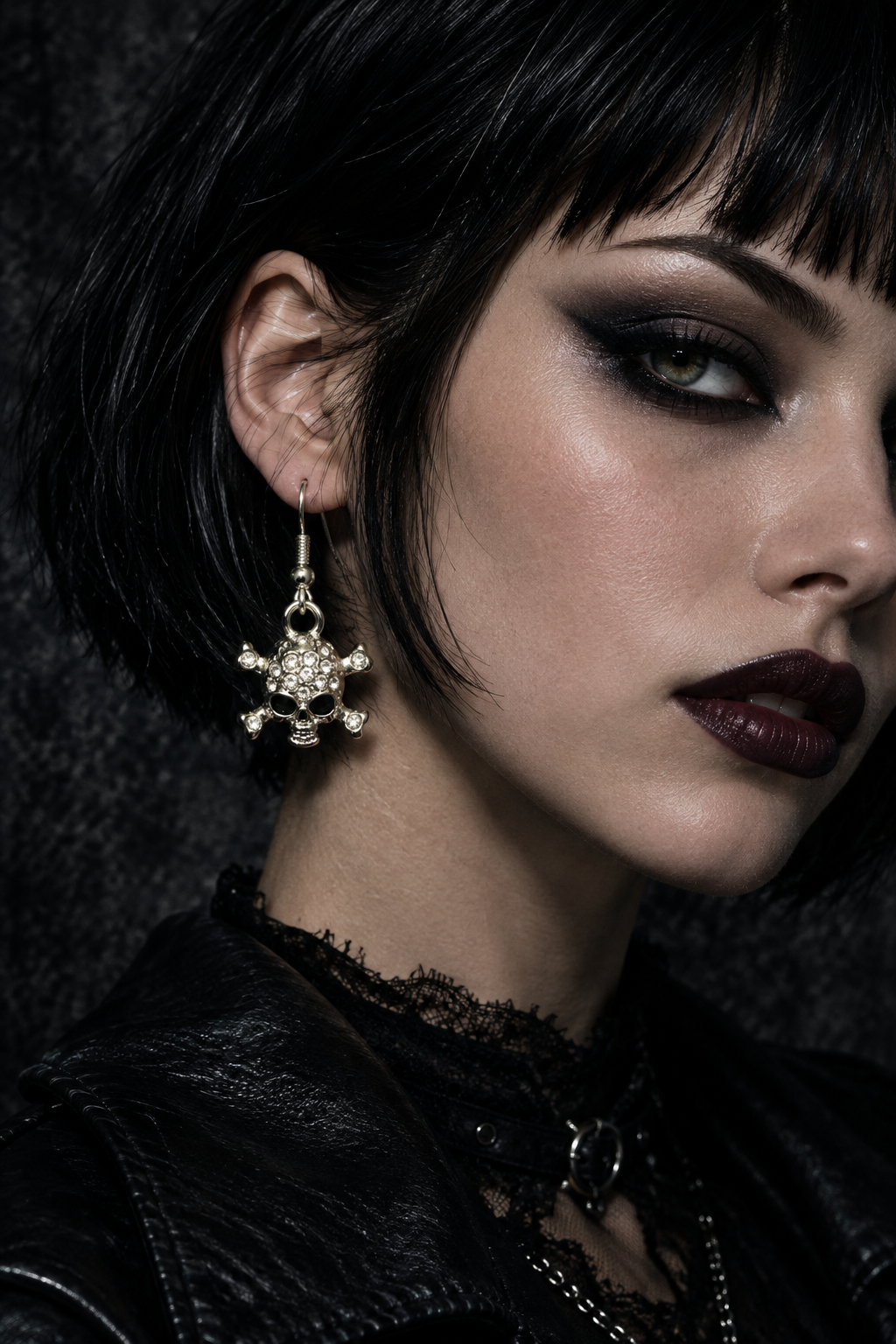 Gothic model wearing skull dangle earrings