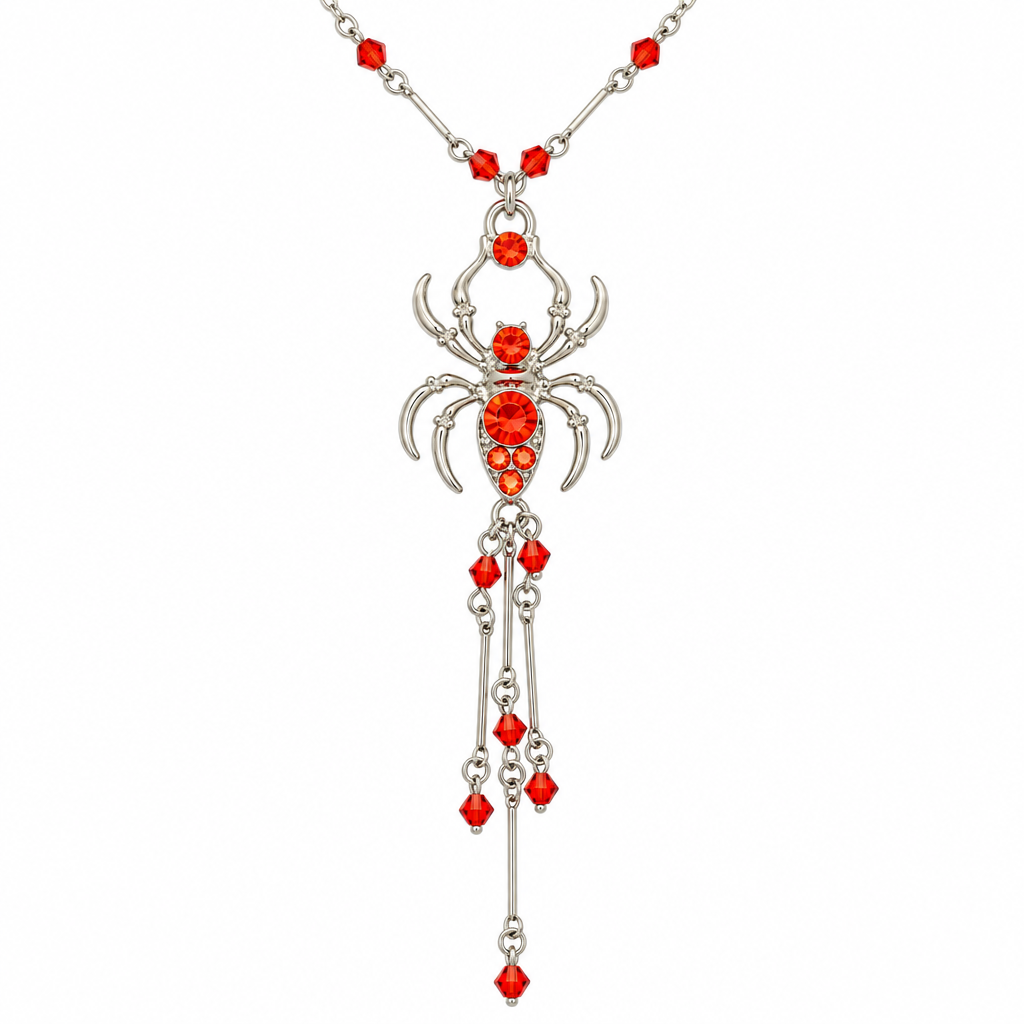 Orange crystal spider pendant necklace on white background