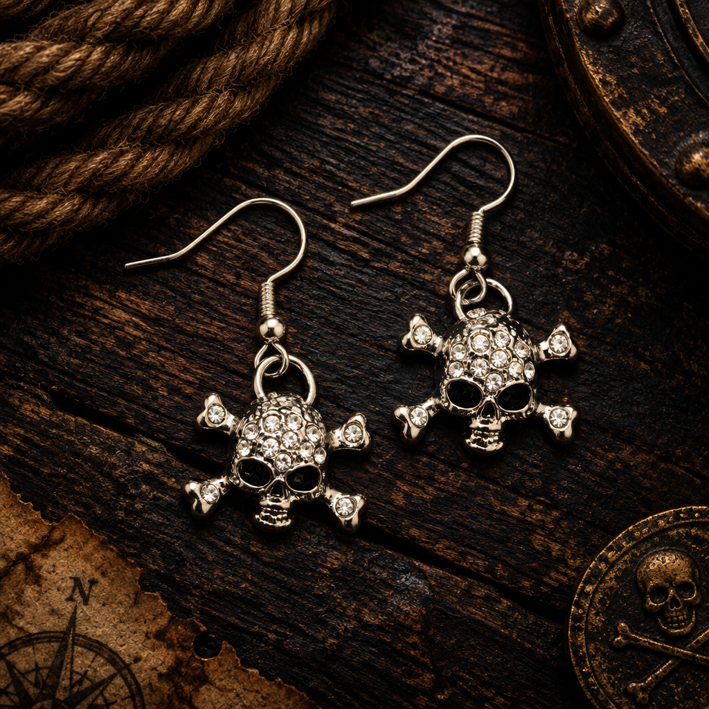 Skull and crossbones earrings, pirate-style dark background