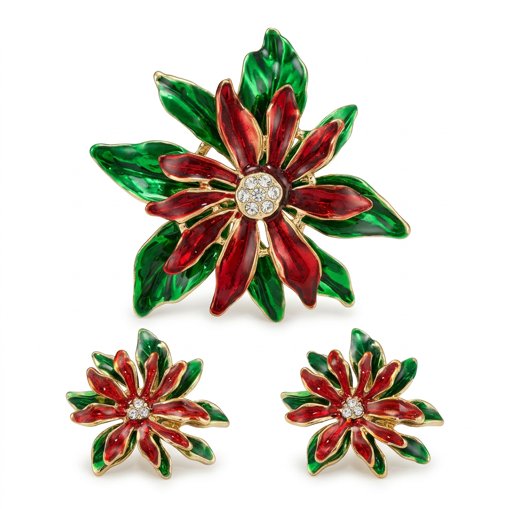 Poinsettia jewelry set on white background