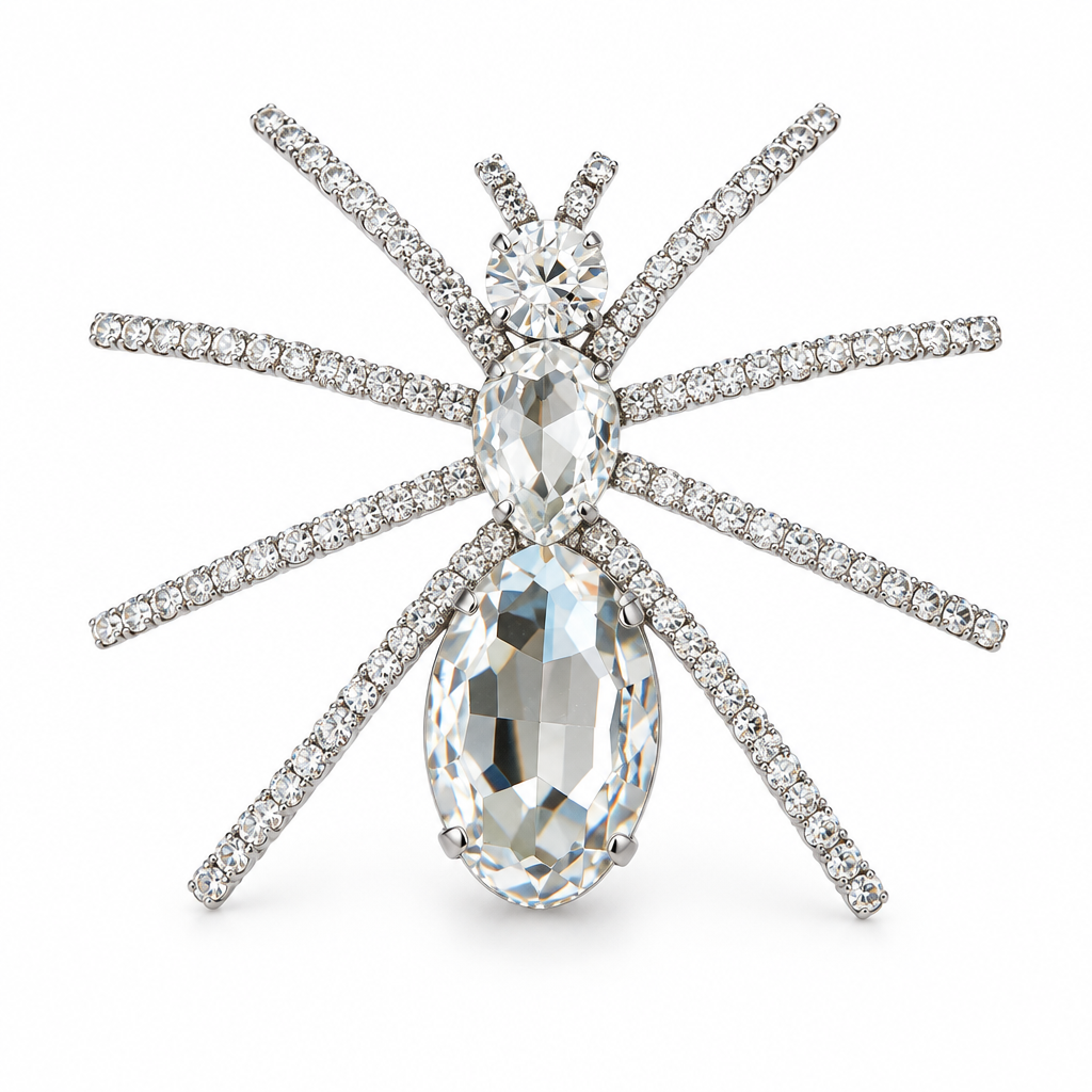 Large silver-tone rhinestone spider brooch on white background