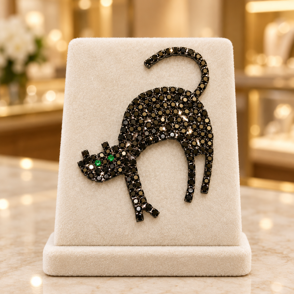 Black cat rhinestone brooch styled display