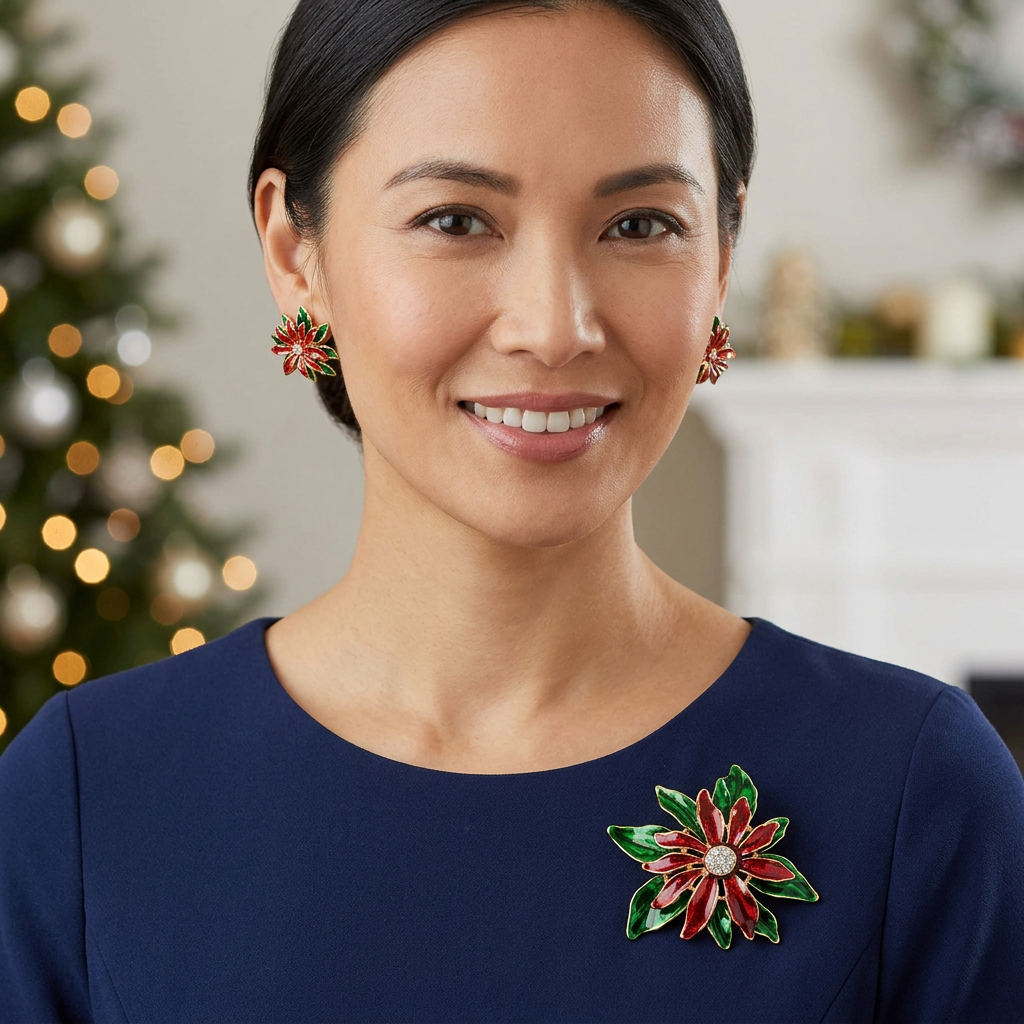 Model wearing poinsettia brooch and stud earrings