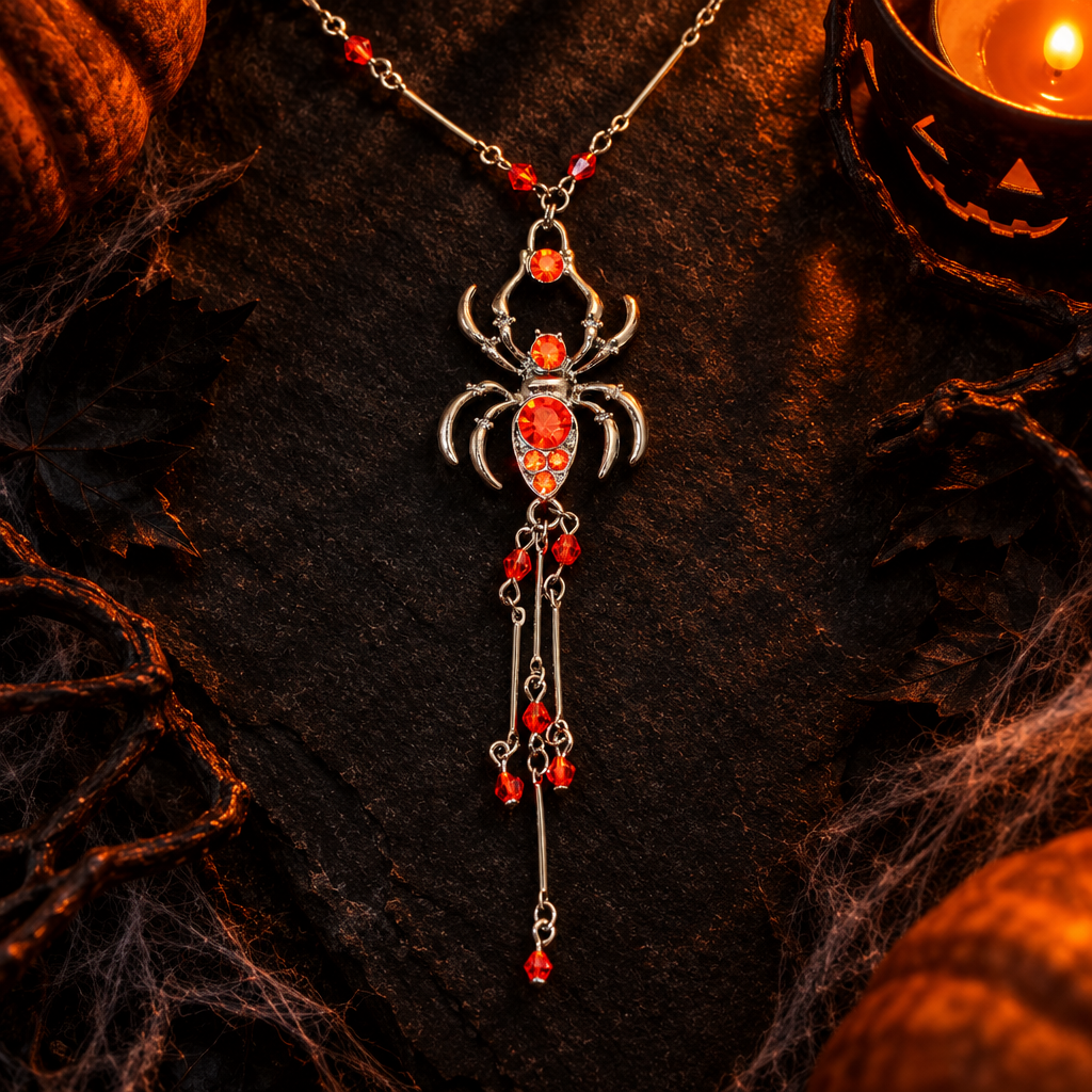 Orange crystal spider pendant necklace on dark Halloween background