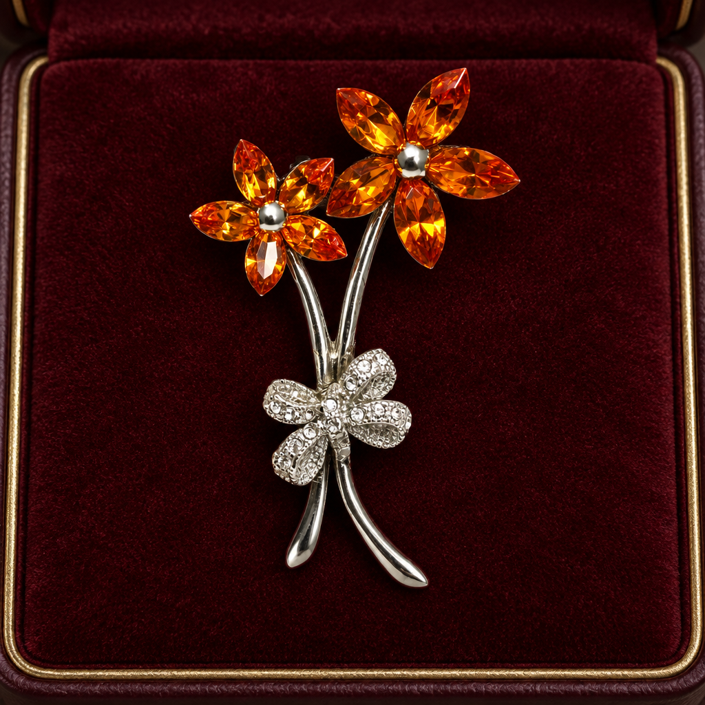 Orange rhinestone flower brooch styled display