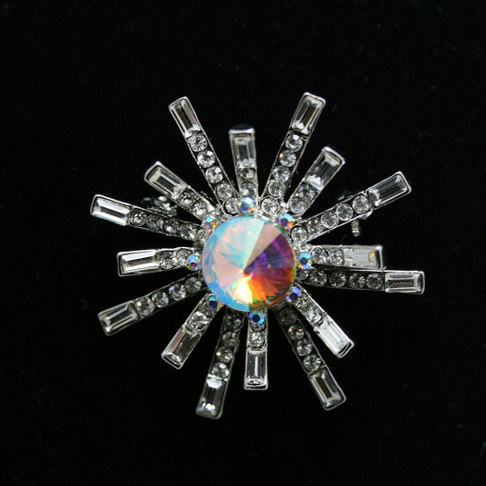Vintage Clear Rhinestone Starburst Sunburst Hub Spoke Brooch Pin