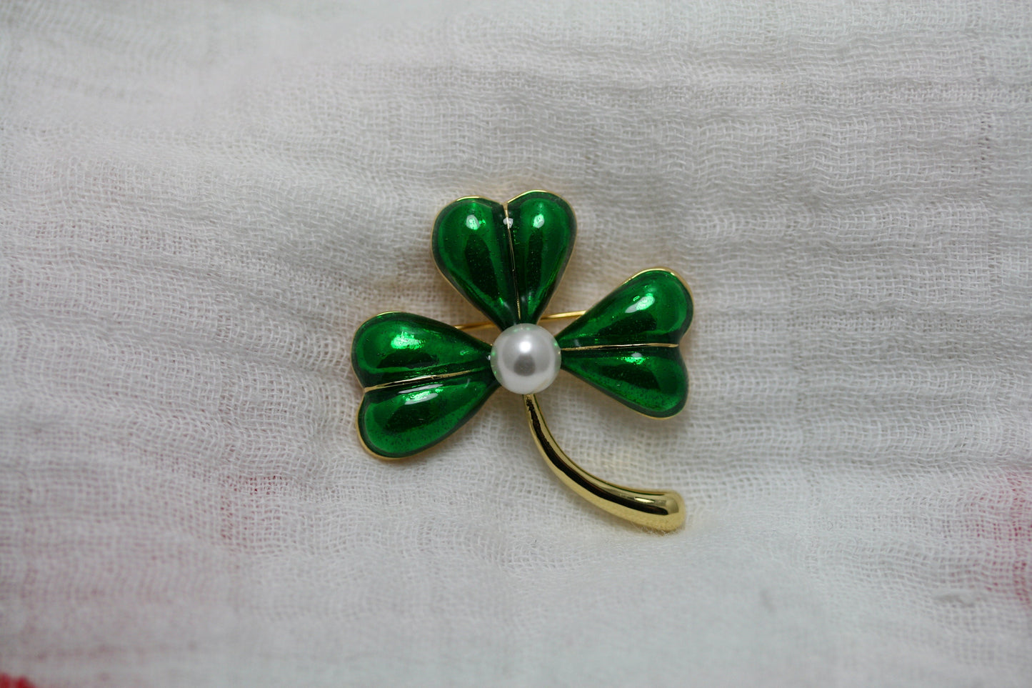 St. Patrick's Day Three Leaf Clover Brooch Pin With Pearl, Enamel Shamrock Pin, IRISH Jewelry Gift