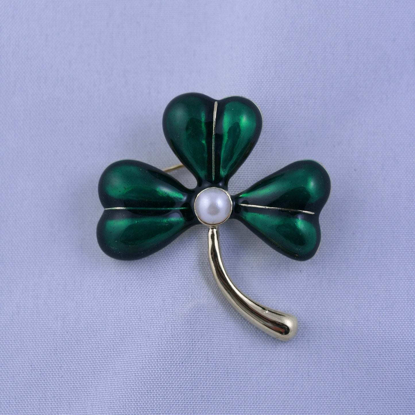 St. Patrick's Day Three Leaf Clover Brooch Pin With Pearl, Enamel Shamrock Pin, IRISH Jewelry Gift