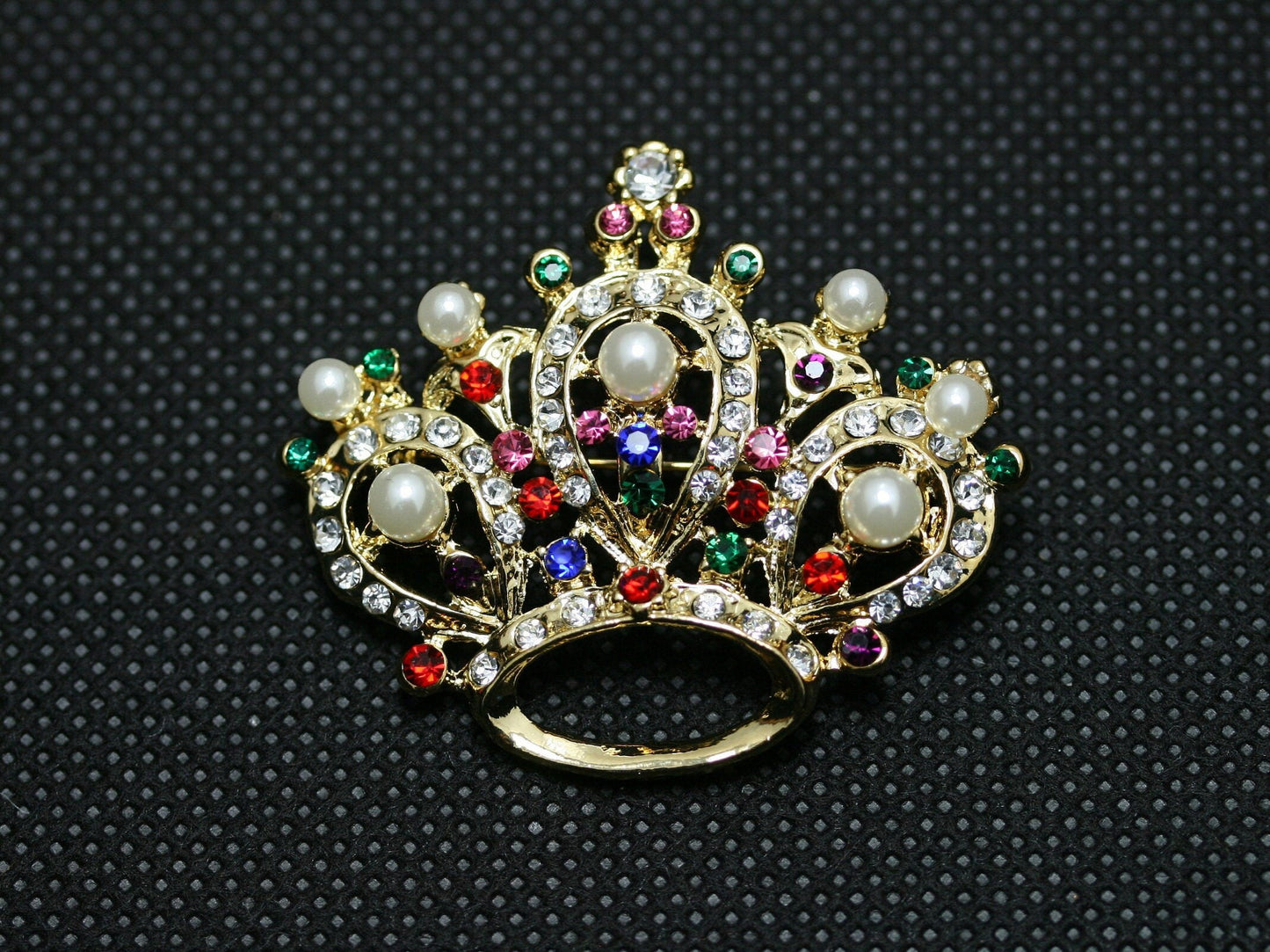 Vintage Rhinestone Crown Brooch Pin With Faux Seed Pearl In Antique Gold Tone