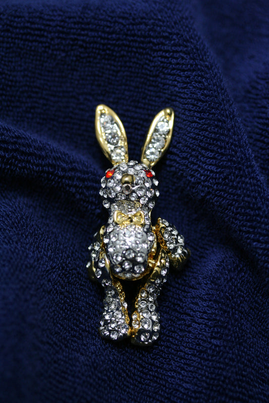 Rhinestone Crystal Easter Bunny Rabbit Pin Brooch, Bunny Rabbit Jewelry Gift (Leg, Arm Moveable)