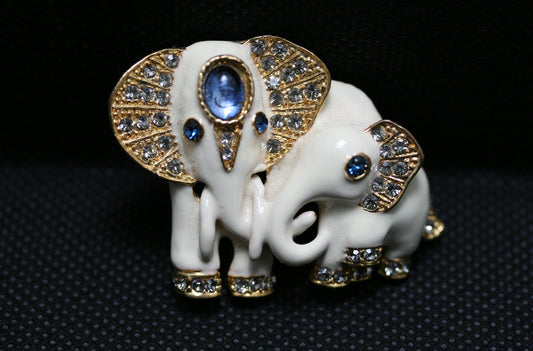Vintage Crystal Elements Sapphire Eyed Pearlescent Paint Elephants Pin Brooch
