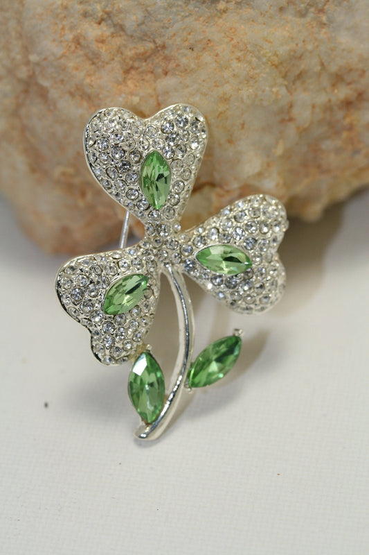 Rhinestone Shamrock Three-leaf Clover Brooch Pin, Saint Patrick's day Rhinestone Jewelry Gift