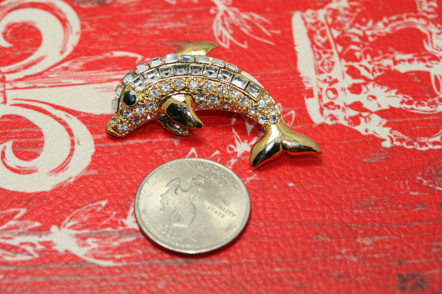 Gold Dolphin Brooch Pin Jewelry Clear Rhinestones Costume Fashion Jewelry