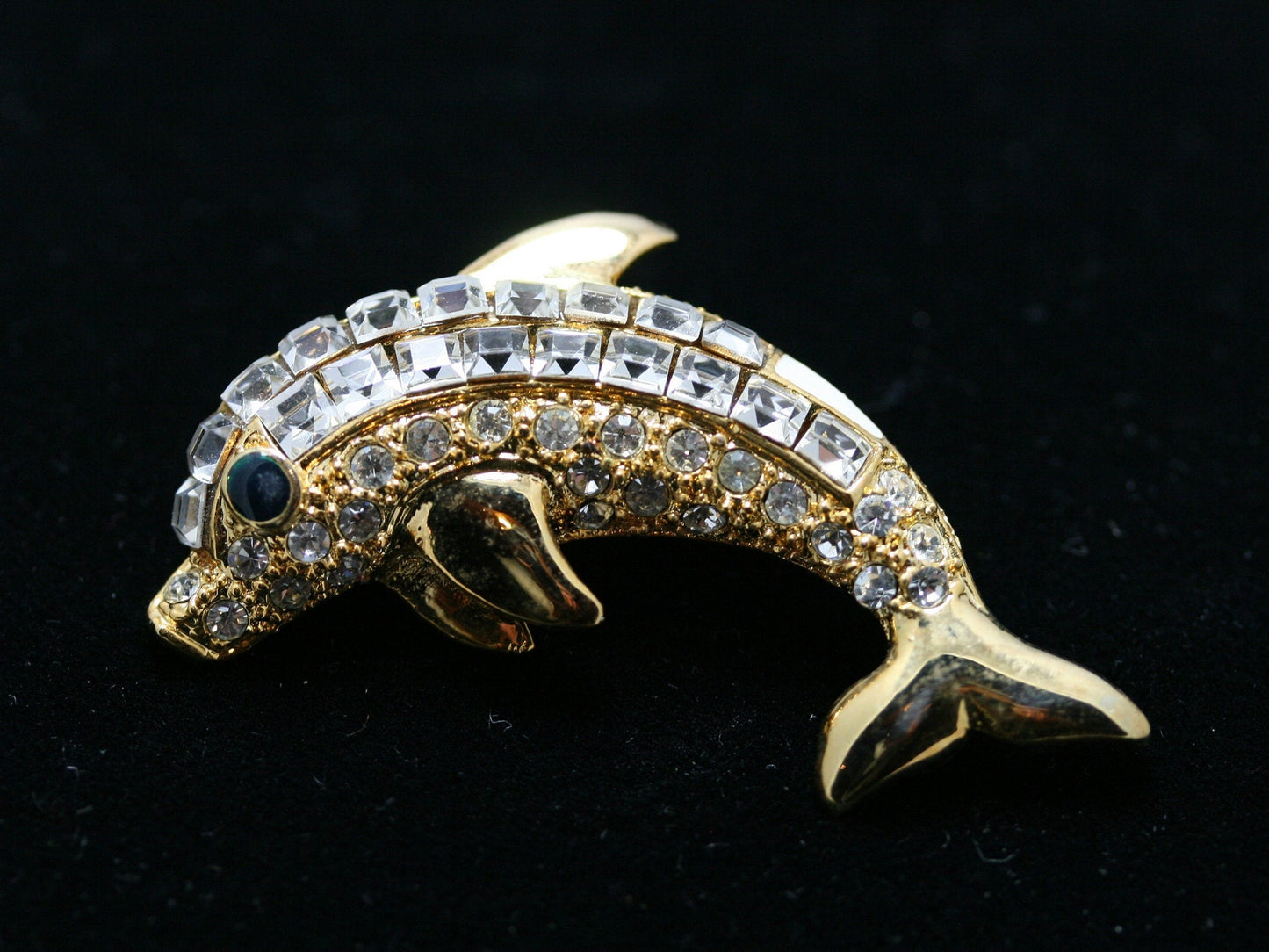 Gold Dolphin Brooch Pin Jewelry Clear Rhinestones Costume Fashion Jewelry