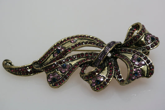 Vintage Style Rhinestone Statement Purple Ribbon Brooch Filigree Crystal Bow Tie Brooch Pin, Wedding Jewelry