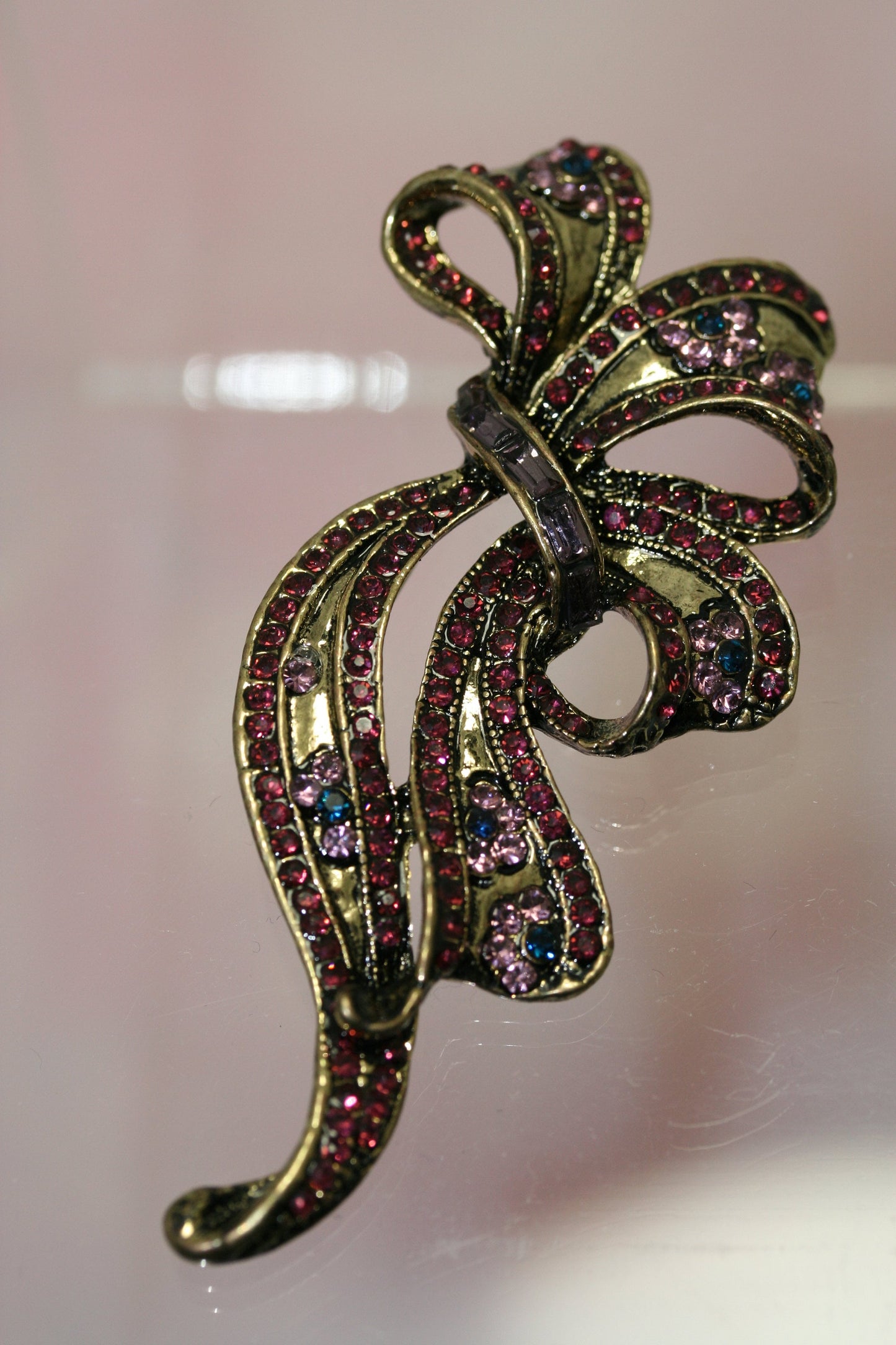 Vintage Style Rhinestone Statement Purple Ribbon Brooch Filigree Crystal Bow Tie Brooch Pin, Wedding Jewelry