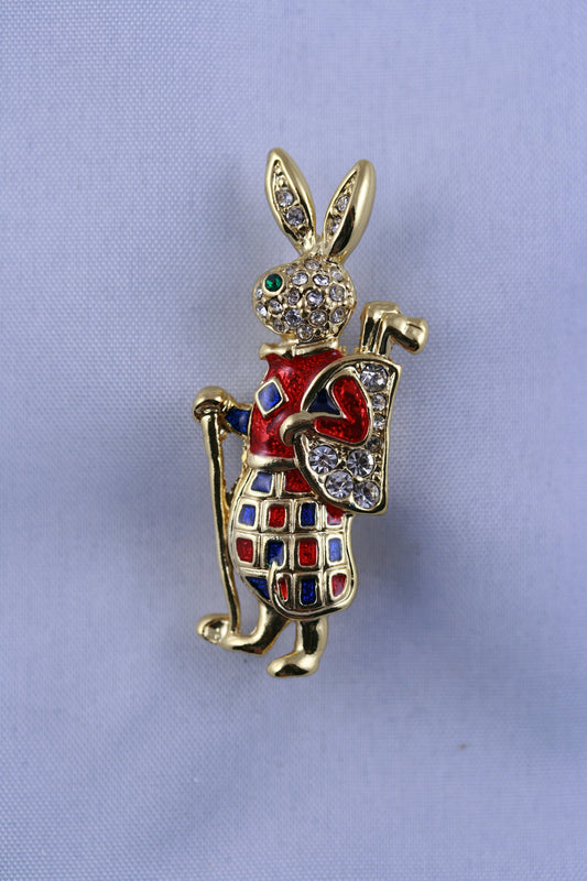 Rhinestone Enamel Easter Bunny Rabbit Golf Brooch Pin