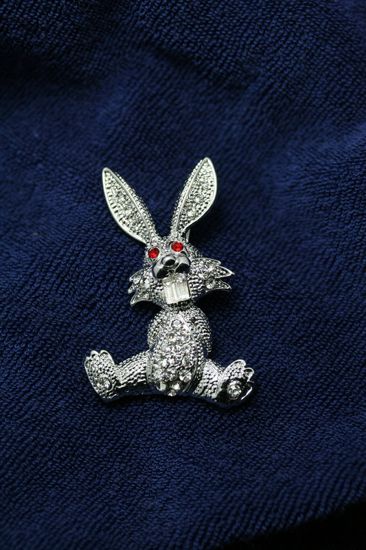 Easter Bunny Rabbit Silver Rhinestone Crystal Brooch Pin