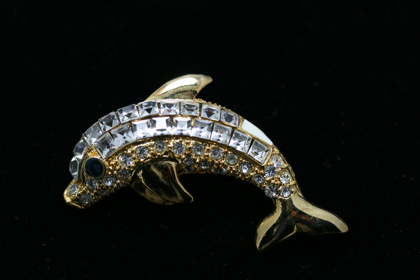Gold Dolphin Brooch Pin Jewelry Clear Rhinestones Costume Fashion Jewelry