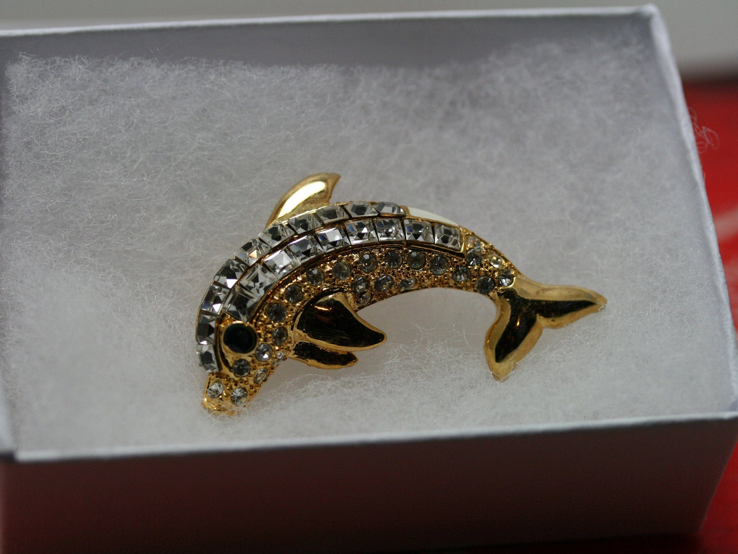 Gold Dolphin Brooch Pin Jewelry Clear Rhinestones Costume Fashion Jewelry