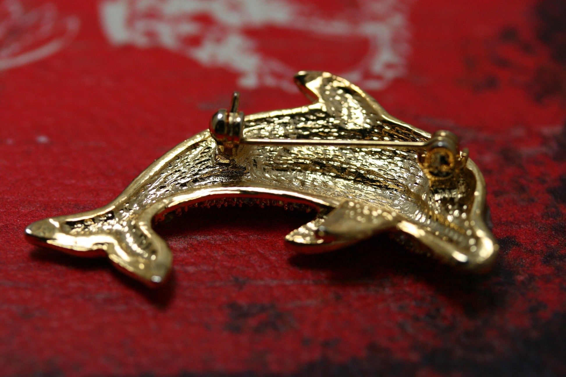 Gold Dolphin Brooch Pin Jewelry Clear Rhinestones Costume Fashion Jewelry
