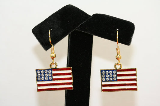 Gold-Plated Rhinestone USA Patriotic Flag Earrings, 4th of July Red White Blue Flag Dangle Earring