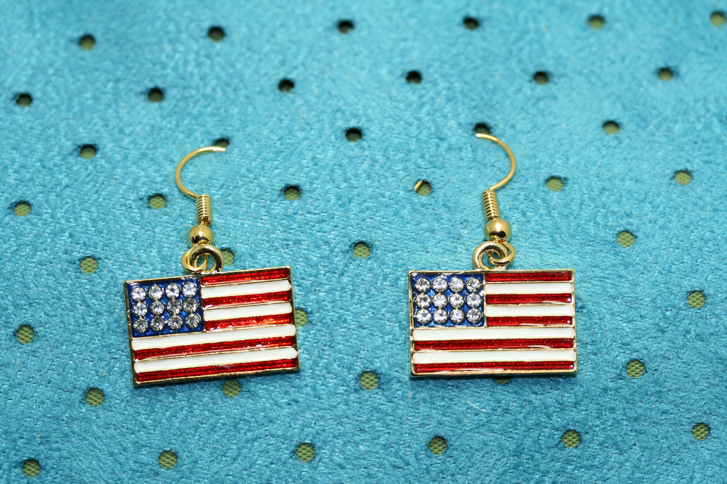 Gold-Plated Rhinestone USA Patriotic Flag Earrings, 4th of July Red White Blue Flag Dangle Earring