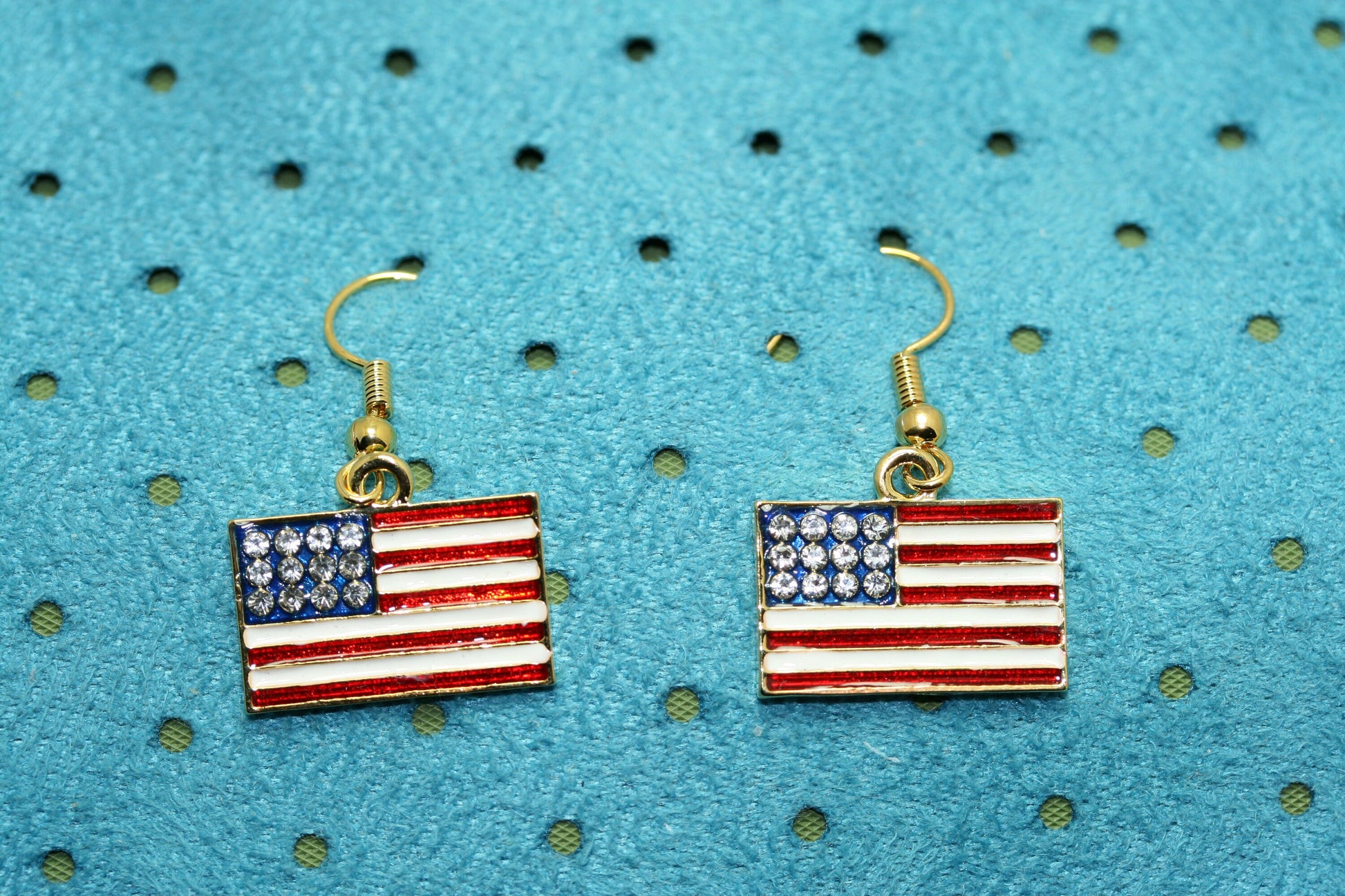 Gold-Plated Rhinestone USA Patriotic Flag Earrings, 4th of July Red White Blue Flag Dangle Earring