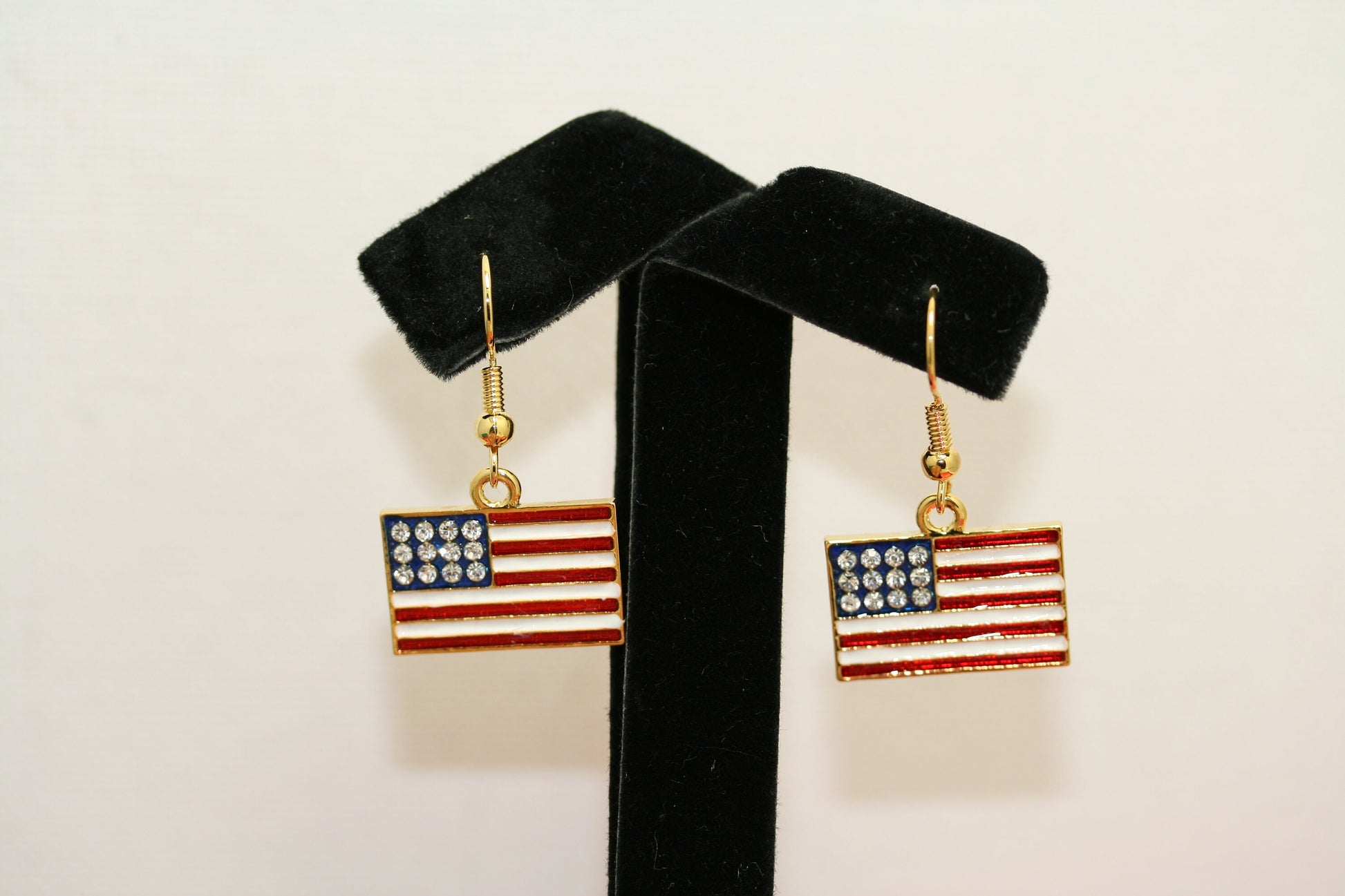 Gold-Plated Rhinestone USA Patriotic Flag Earrings, 4th of July Red White Blue Flag Dangle Earring