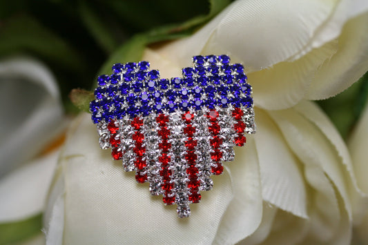 Rhinestone USA Patriotic 4th July Red White Blue Heart Pin Brooch