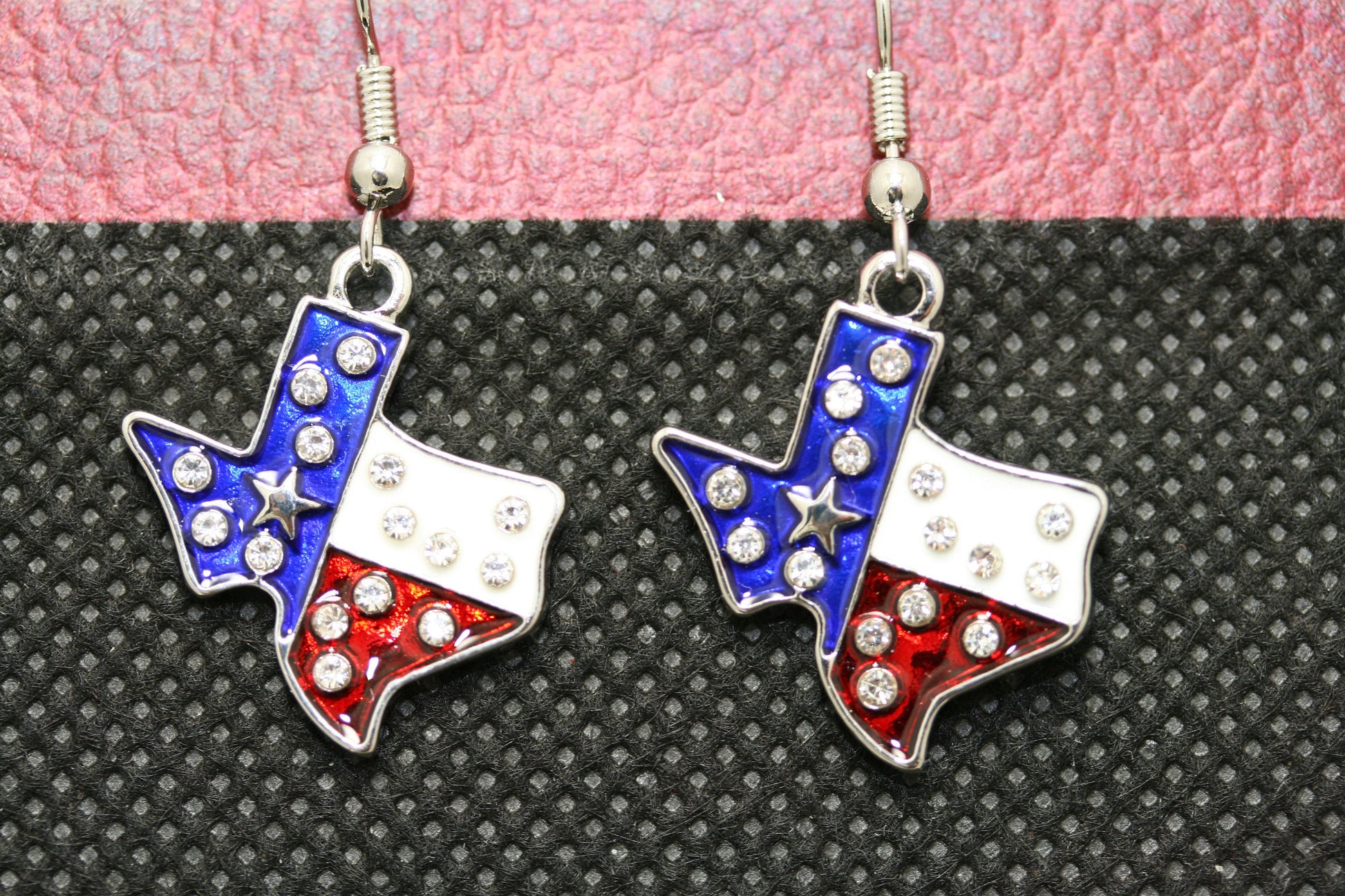 Rhinestone Patriotic Texan Texas Shape Flag Earrings, 4th of July Fashion Jewelry, Texan Jewelry,