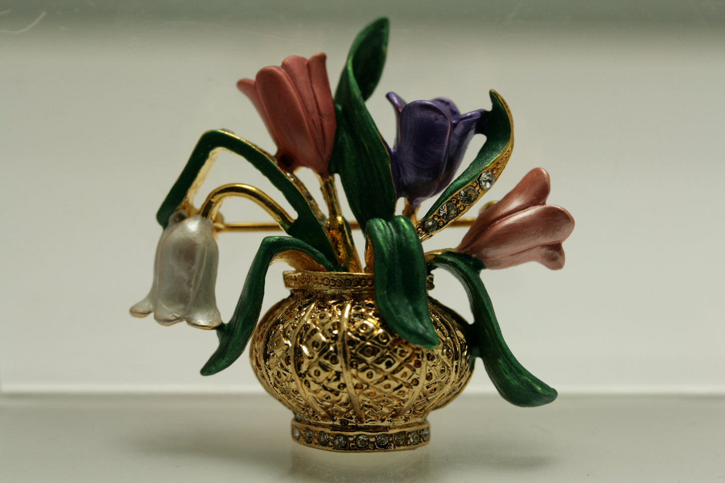 Vintage Enamel Tulips in Gold Antique Vase Brooch Pin, Flower Vase Jewelry Spring Flower Brooch