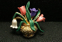 Vintage Enamel Tulips in Gold Antique Vase Brooch Pin, Flower Vase Jewelry Spring Flower Brooch