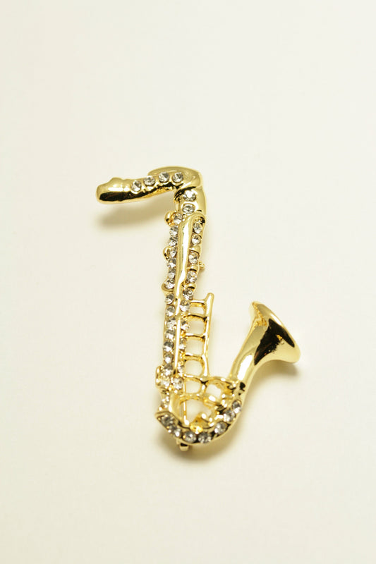 Vintage Gold-Tone Saxophone Brooch Pin Clear Rhinestone,