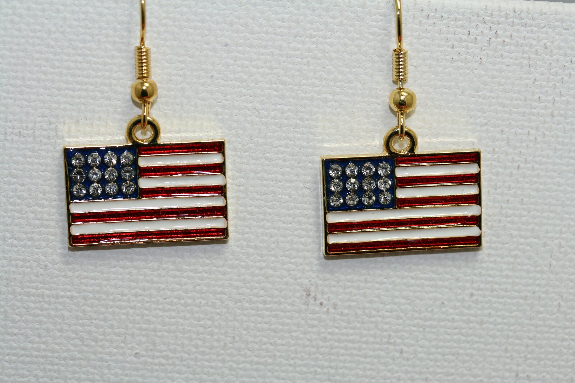 Gold-Plated Rhinestone USA Patriotic Flag Earrings, 4th of July Red White Blue Flag Dangle Earring