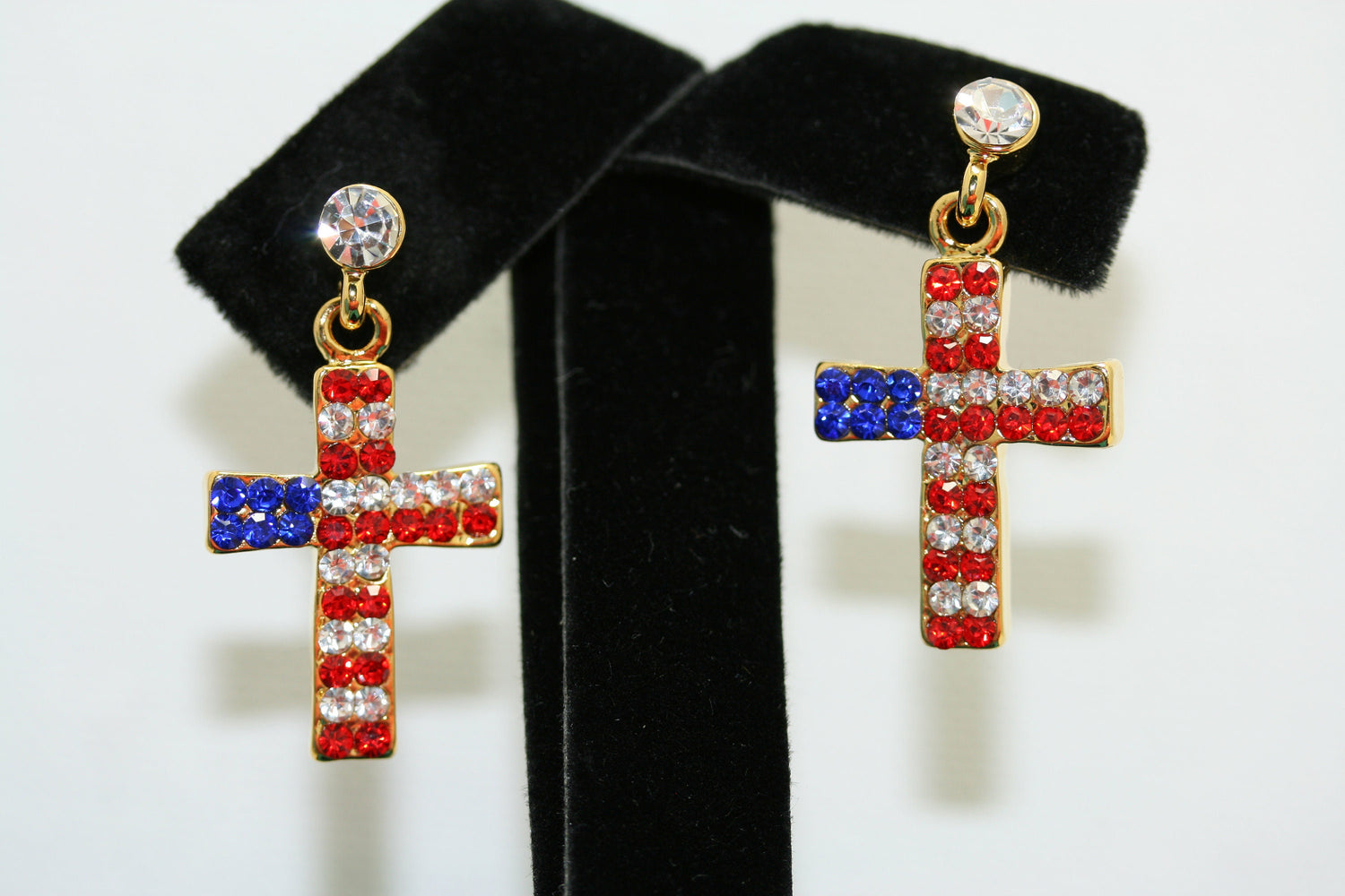 American Flag Rhinestone Pierced Earrings, Red, Blue, White Patriotic USA Cross Stud Dangle Earrings, Patriotic 4th of July Jewelry