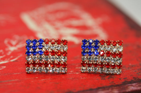 Rhinestone American USA Flag 4th July Stud Earrings, Gold-Plated Patriotic Red White Blue Flag Earring, Patriotic Independence Jewelry