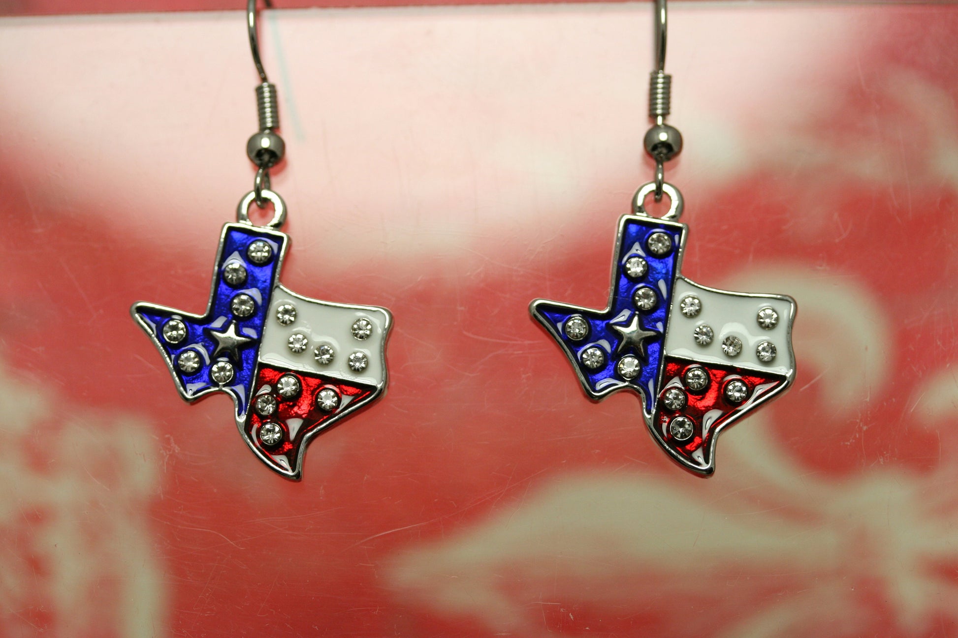 Rhinestone Patriotic Texan Texas Shape Flag Earrings, 4th of July Fashion Jewelry, Texan Jewelry,