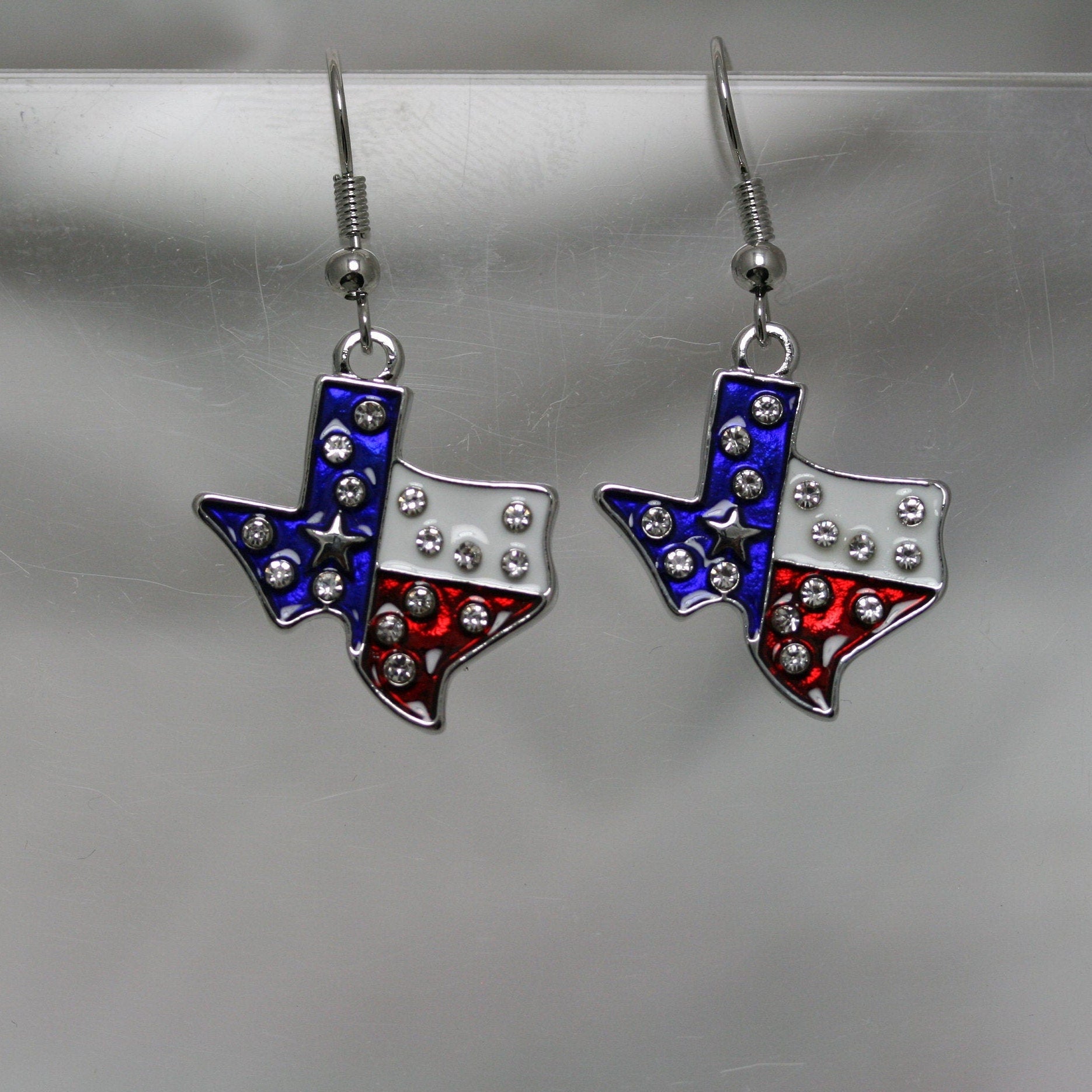 Rhinestone Patriotic Texan Texas Shape Flag Earrings, 4th of July Fashion Jewelry, Texan Jewelry,