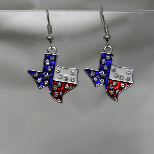 Rhinestone Patriotic Texan Texas Shape Flag Earrings, 4th of July Fashion Jewelry, Texan Jewelry,