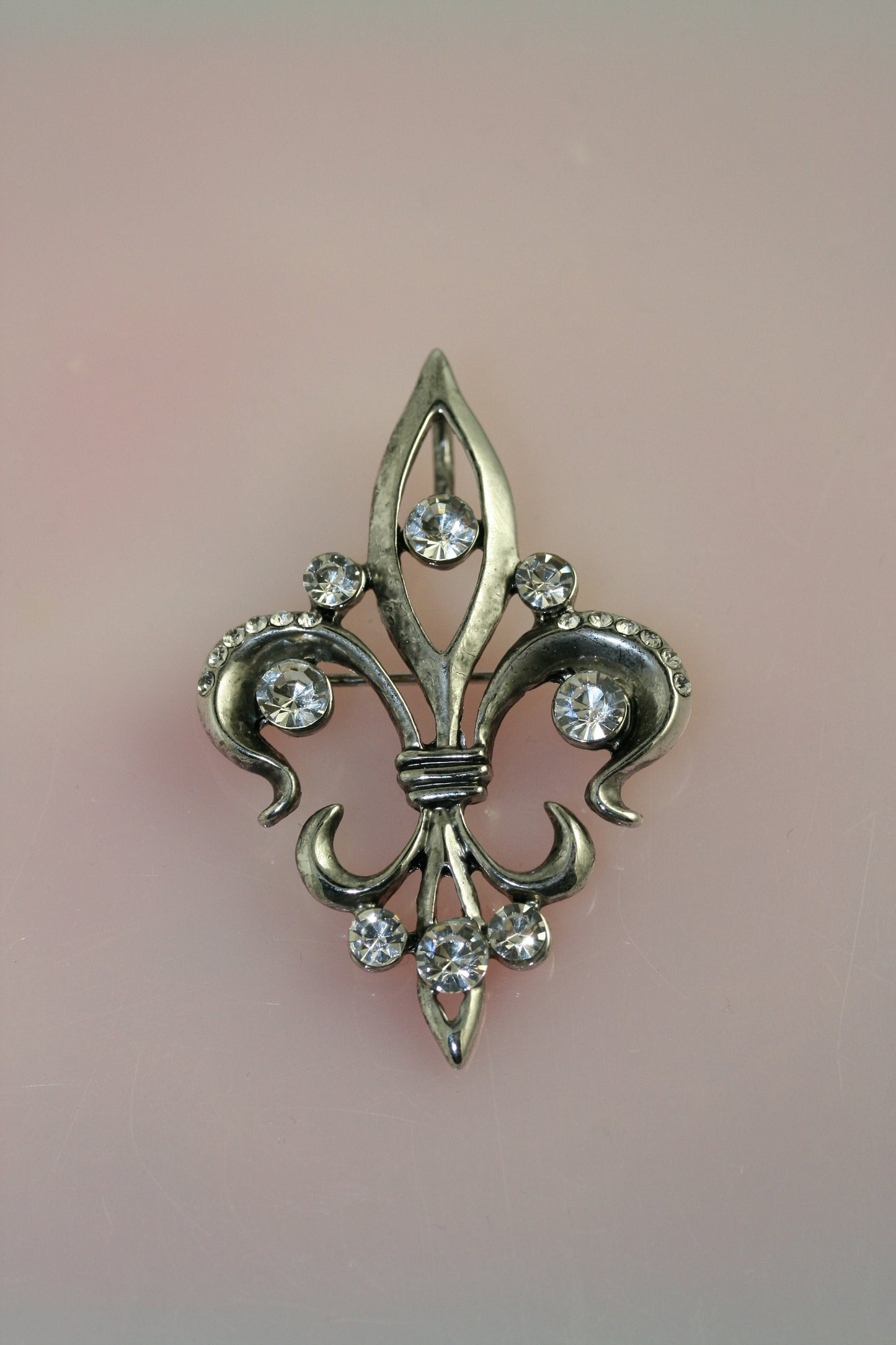Rhinestone Antique Silver, Gold Tone Fleur de Lis Mardi Gras Pin and Pendant with Crystals