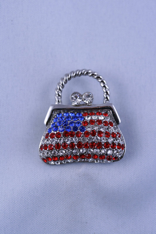 Rhinestone Fashion 4th July USA Flag Purse Handbag Pin Brooch, Patriotic Red White Blue Jewelry Gift