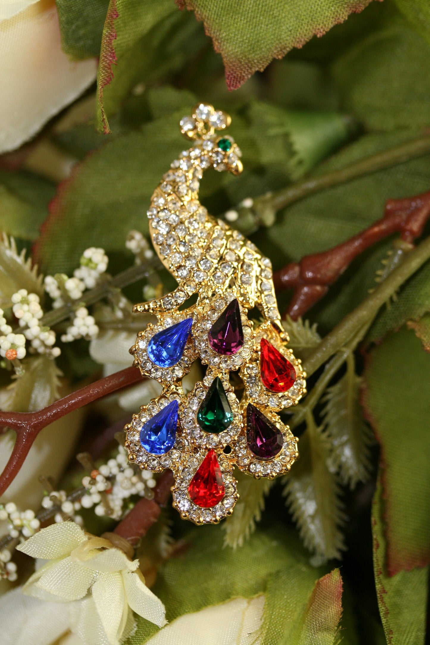 Vintage Hand Made Diamond Ruby Emerald Sapphire Amethyst Rhinestone Peacock Pin Brooch, Crystal Peacock Brooch Jewelry Gift