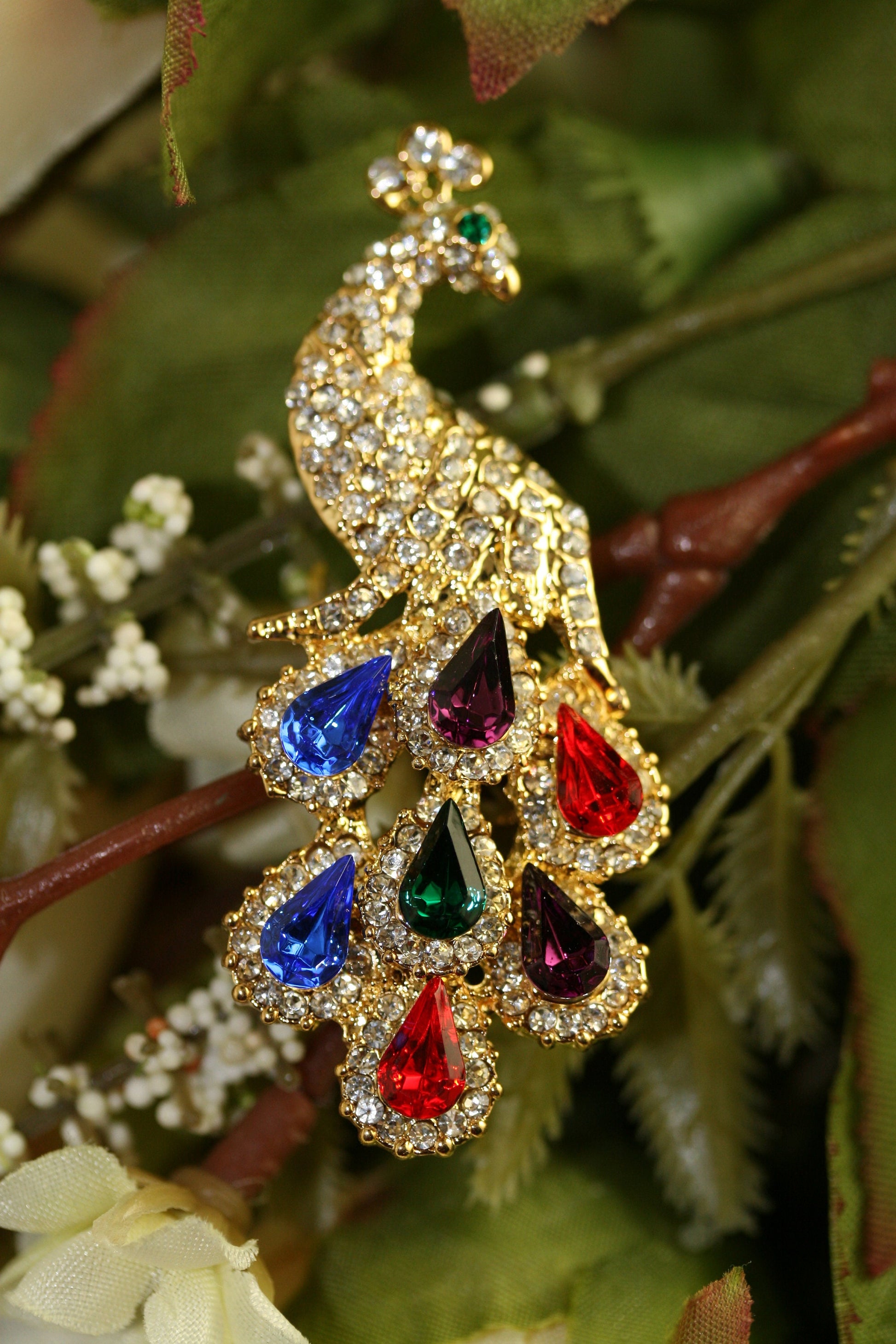 Vintage Hand Made Diamond Ruby Emerald Sapphire Amethyst Rhinestone Peacock Pin Brooch, Crystal Peacock Brooch Jewelry Gift