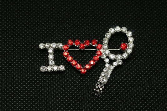 Silver Tone & Rhinestone I Love Tennis Racket Pin Brooch, Red Heart