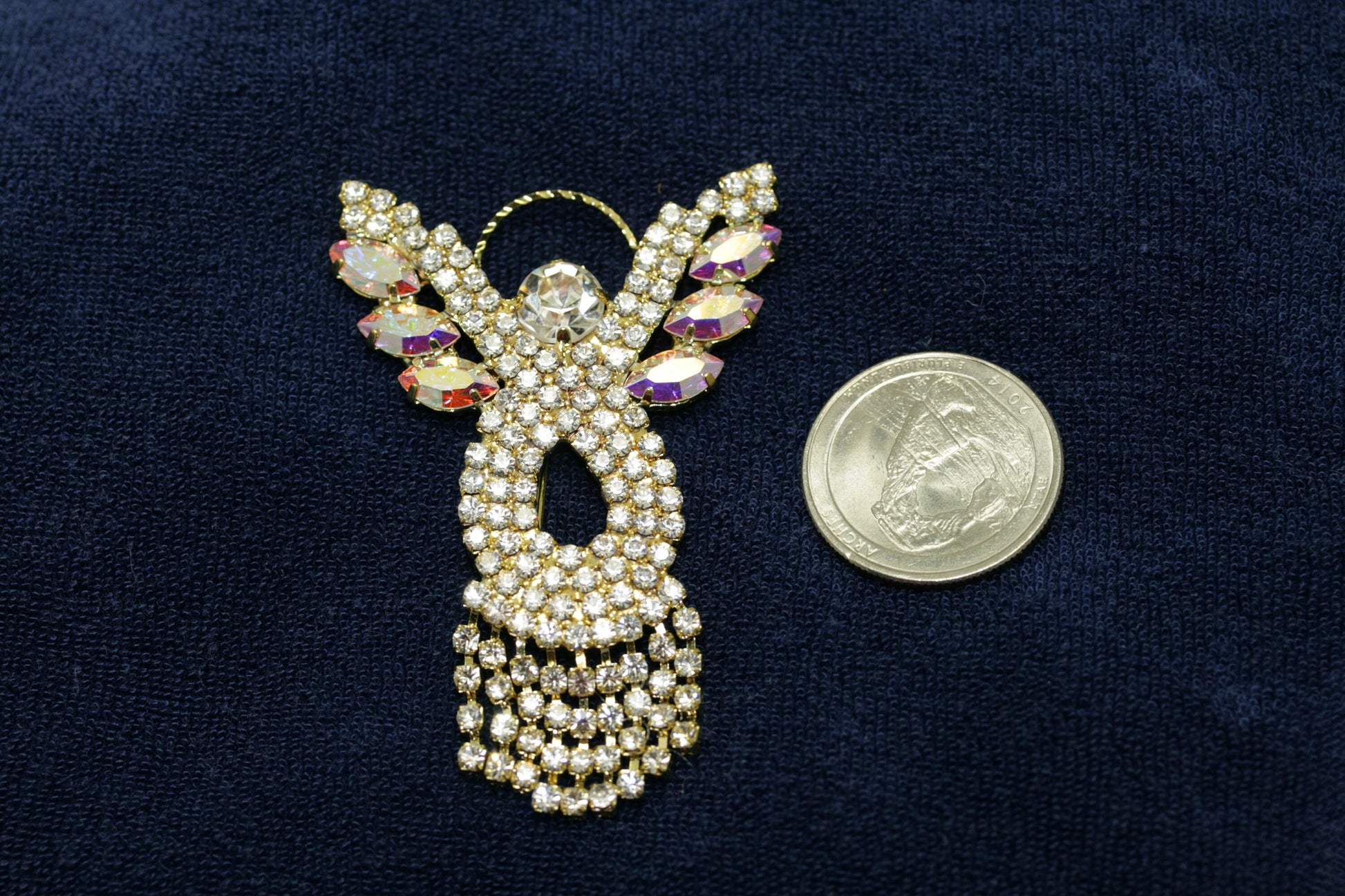 Handmade Vintage Rhinestone Angel Pin Brooch with Gold Halo Irridescent Wings & Dangling Rhinestone Dress
