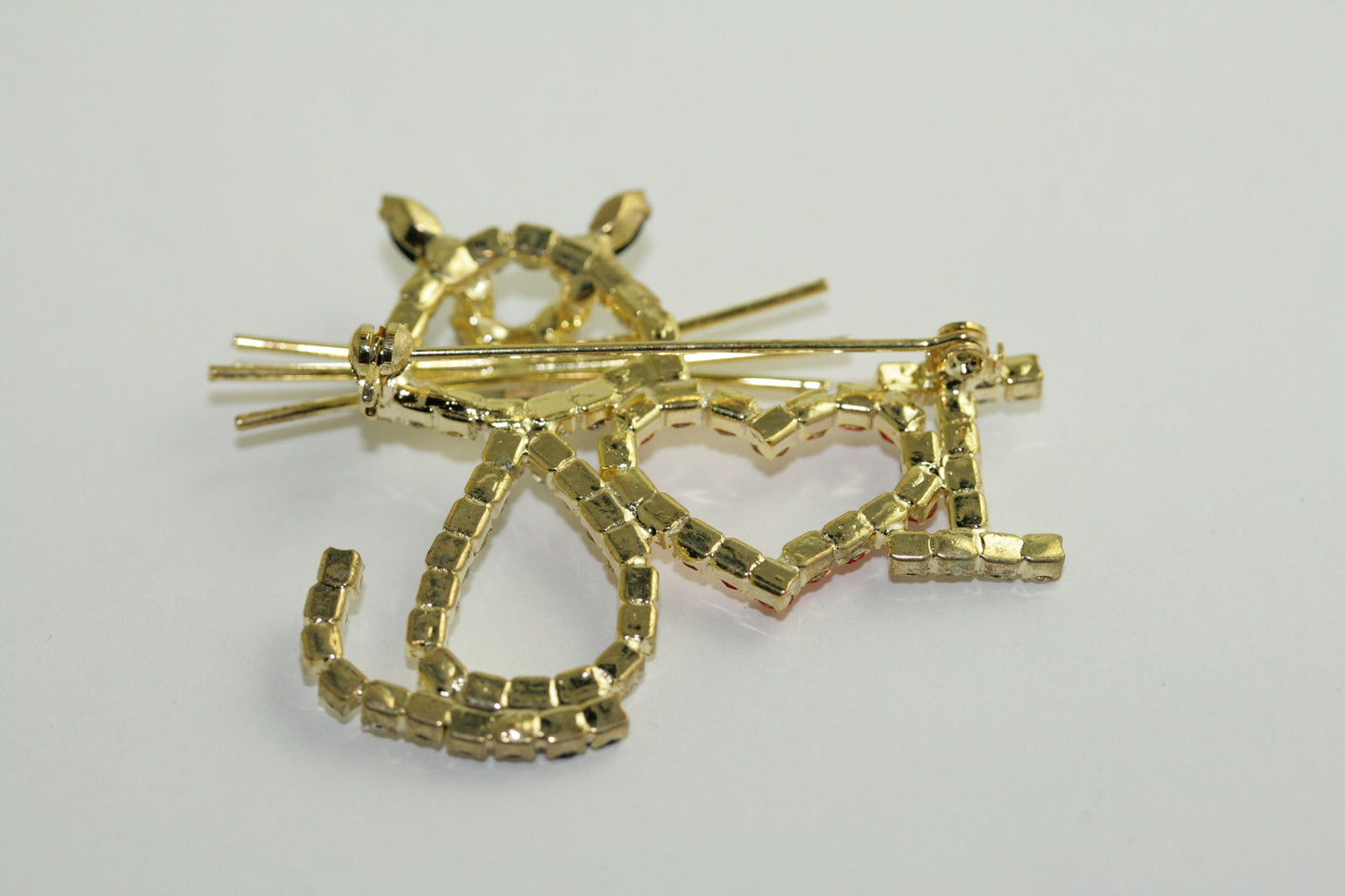 vintage I Heart Love Cat Body Kitty Prong Set Rhinestone Brooch pin Gold